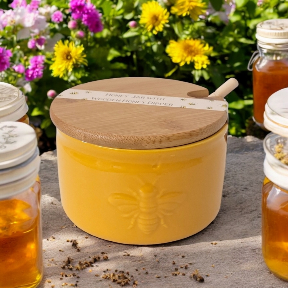 Honey Jar Wooden Honey Dipper and an Embossed Bee